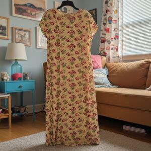 90s April Cornell Yellow Maxi Shift Dress Modest Floral Size M Y2K Retro Grunge
